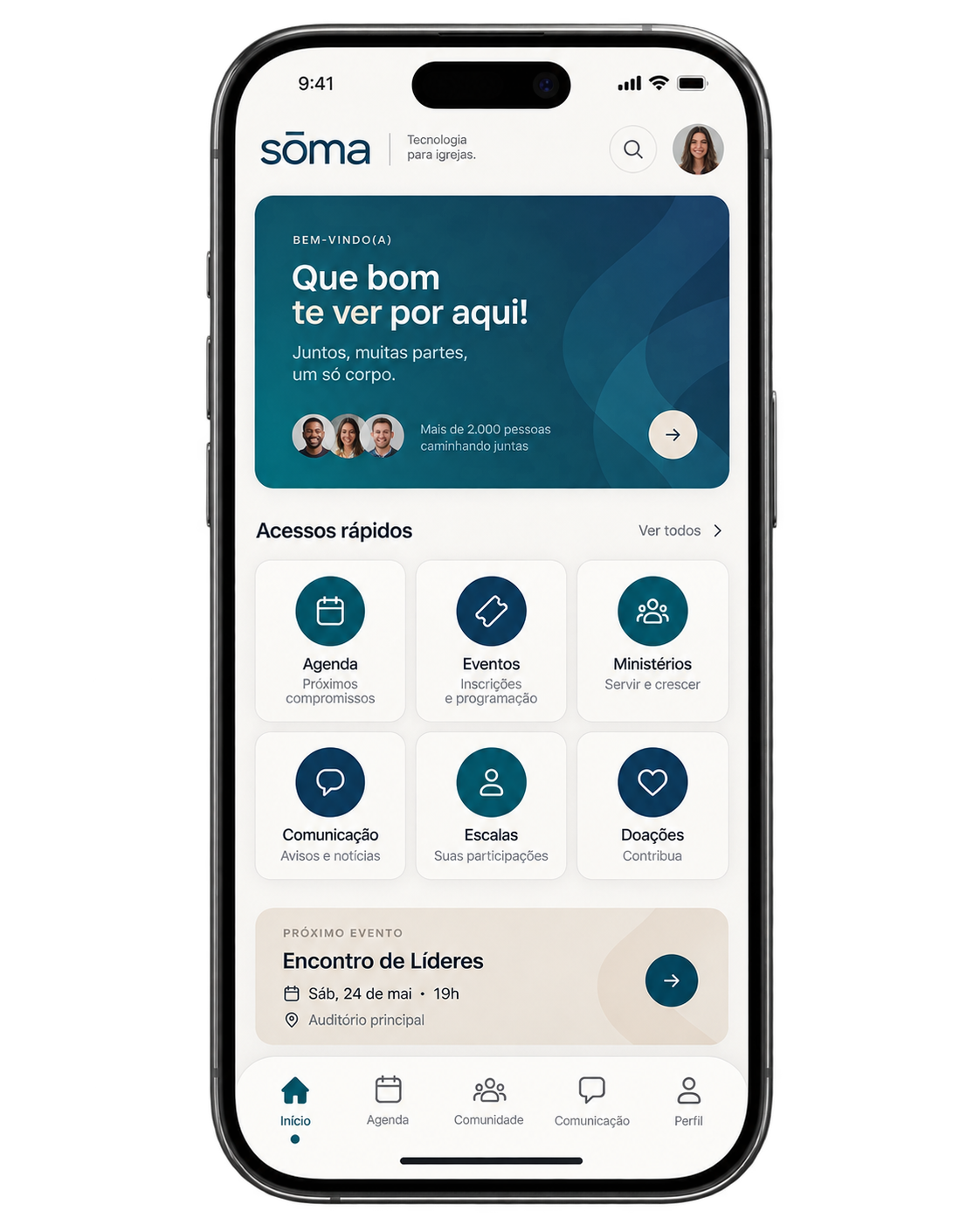 Aplicativo do membro da sōma com acessos rápidos a agenda, eventos, ministérios e doações