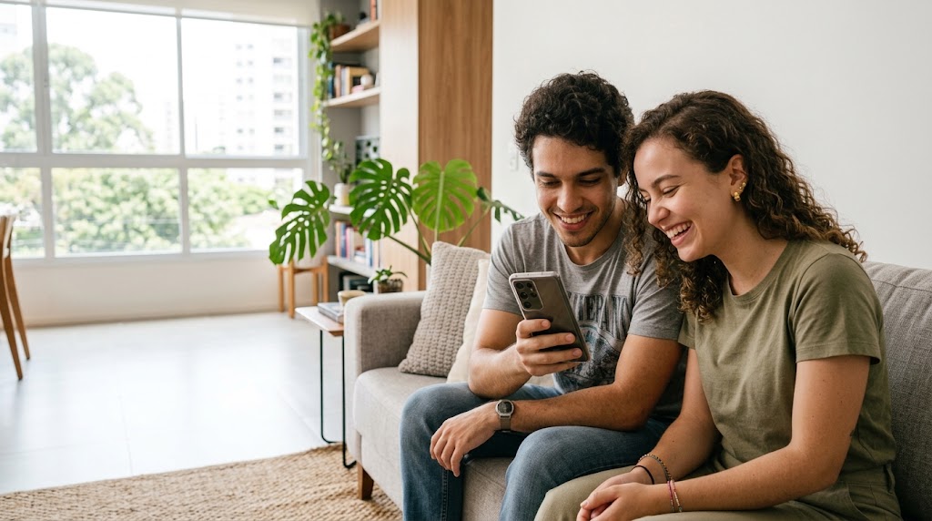 Pessoas utilizando o aplicativo para membros da sōma no celular