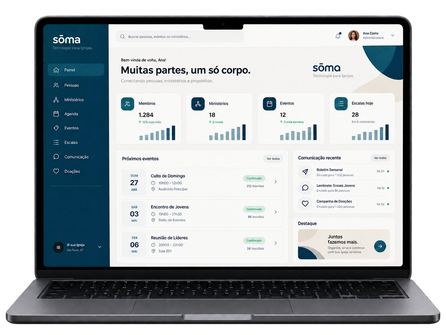 Painel administrativo da sōma mostrando membros, ministérios, eventos e escalas de uma igreja